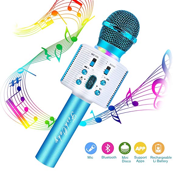 FishOaky Wireless Bluetooth Karaoke Microphone, Portable Kids Microphone Karaoke Player Speaker with LED & Music Singing Voice Recording for Home KTV Kids Outdoor Birthday Party (Blue 01)