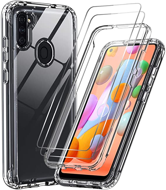 LeYi Compatible with Samsung A11 Case, Samsung Galaxy A11 Case with 2 PCS Tempered Glass Screen Protector, Full-Body Rugged Hybrid Bumper Shockproof Clear Phone Cover Cases for Galaxy A11, Clear