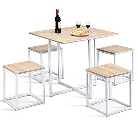 Giantex 5 Piece Dining Table Set with 4 Stools Metal Frame Space-Saving Storage Bar Pub Kitchen (Beige & White)