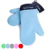 Silicone Oven Mitts - 1 Pair of Professional Heat Resistant Potholder Gloves - Oven Mitt Set of 2 - Blue