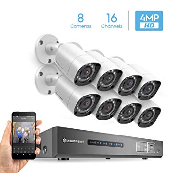 Amcrest UltraHD 4MP 16CH Video Security System - Eight x 4MP Weatherproof IP67 Bullet Cameras, Hard Drive Not Included, HD Over Analog/BNC, AMDV4M16-8B-W (White)