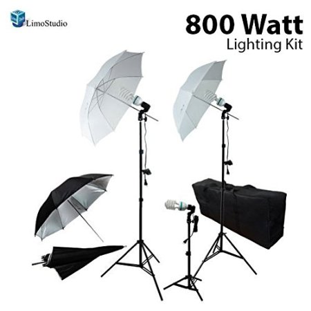 LimoStudio 800W Photography Photo Portrait Studio Umbrella Triple Continuous Lighting Kit - 2 x White Umbrella Lighitng, 1 x Table Top Mini Lighting Kit, AGG1210