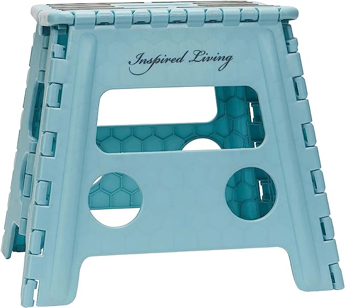 Inspired Living 13" Step Stool, Folding Step Stools for Adults, Plastic Foldable Step Stools Kids, Holds Up To 330 lbs, Collapsible Folding Stool for Kitchen, Bathroom, Bedroom - Blue Robins Egg