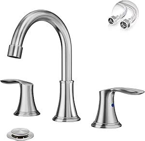 Phiestina Widespread 8 Inch 3 Holes Brushed Nickel Bathroom Faucet，Two Handles Stainless Steel Bathroom Sink Faucet with Metal Pop-Up Drain and Water Supply Lines, WFTY36-BN