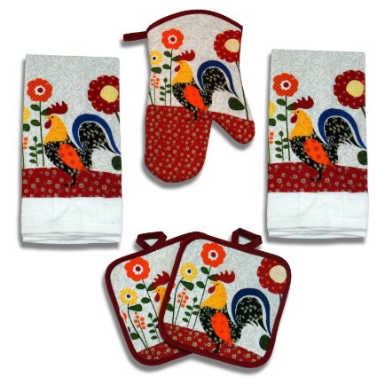 Quilted Rooster 5 Piece Kitchen Towel Set - 2 Towels, 1 Oven Mitt, 2 Pot Holders