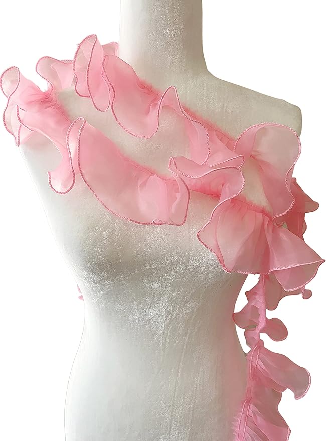 PEPPERLONELY 1 Yard 3 Inch Wide Chiffon Lace Mesh Gauze Ruffles Lace Trim for Wedding Decoration Gift Wrapping Tutu Skirts - Pink