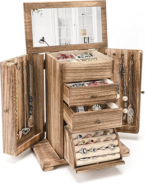 Emfogo Jewelry Box for Women, Rustic Wooden Jewelry Boxes & Organizers with Mirror, 4 Layer Jewelry Organizer Box Display for Rings Earrings Necklaces Bracelets (Rustic Brown)