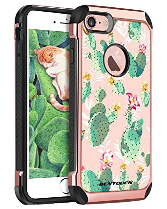 iPhone 7 Case, iPhone 7 Cute Case, BENTOBEN Shockproof Cactus Design 2 in 1 Dual Layer with Faux Leather Hard Case Soft Rubber Protective Cell Phone Case Cover for Apple iPhone 7,Rose Gold/Green