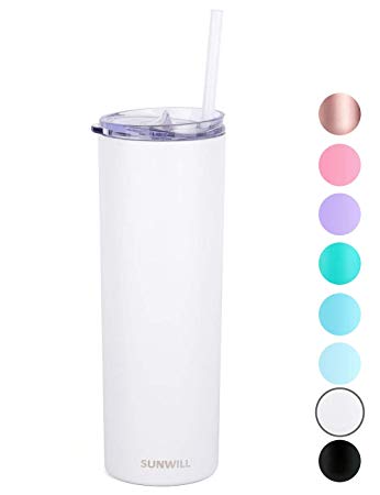 SUNWILL Straw Tumbler Skinny Travel Tumbler with Lid, Vacuum Insulated Double Wall Stainless Steel 20oz for Coffee, Tea, Beverages, White