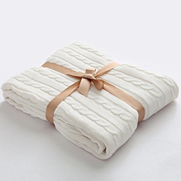 Megach Crocheted Blanket Handmade 100% Cotton Super Soft Warm Multi Color Throw Blanket for Kids or Adults Bedroom Sofa/Bed/Couch/Car/Office (180cm200cm, white)