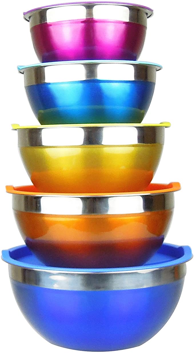 Raking Stainless Steel Mixing Bowls Set Premium Nesting Bowls with Lids - Set of 5 Large Stackable Kitchen Bowls - 1.1, 1.6, 2.2, 2.8, 3.9 Liters (Colorful)