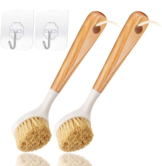 Kitchen Dish Brush Bamboo Handle Dish Scrubber, Scrub Brush for Pans, Pots, Kitchen Sink Cleaning, Perfect Cleaning Tools (2 Pack with Hooks)