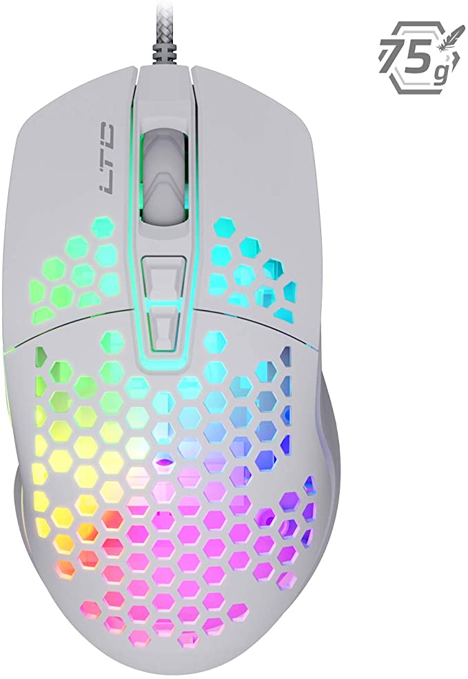 LTC Circle Pit HM-001 RGB Gaming Mouse with Lightweight Honeycomb Shell, Adjusted 6400DPI, 6 Programmable Buttons, White