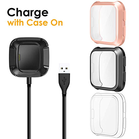 EZCO Compatible Fitbit Versa Screen Protector Plus Charger [3 1 Pack], Exclusive Charging Dock Cable (Can Charge Case On) Soft TPU Full Coverage Case Cover Bumper Compatible Fitbit Versa Smart Watch