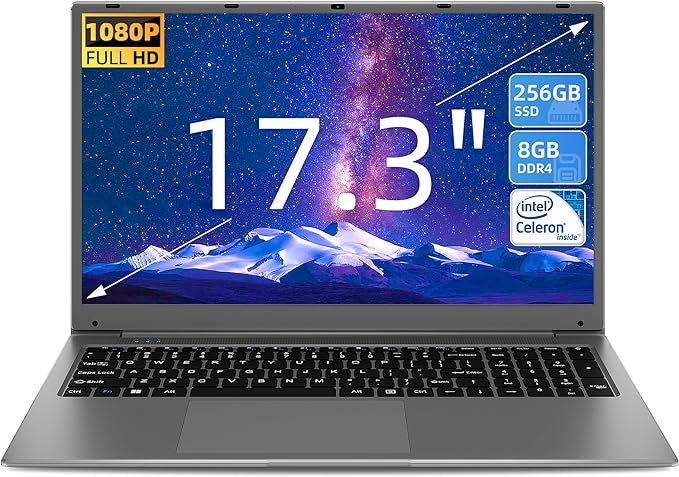 SGIN Laptop 17 Inch, 8GB RAM 256GB SSD Laptop Computer with IPS FHD 1080p Display, Intel Celeron Quad Core J4105 Notebook, 2.4G/5GHz WiFi, Bluetooth4.2, Type-C, USB3.2 * 2, 60.8Wh Battery