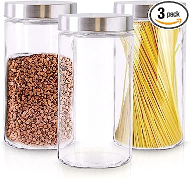 Glass Storage Jars Large – 3Pcs Round Container Sets for Kitchen Counter – Sealed Lids for Prolonged Freshness – Elegant and Modern 10 Inches Tall