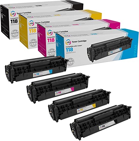 LD Products Remanufactured Toner Cartridge Replacements for Canon 118 (Black, Cyan, Magenta, Yellow, 4-Pack) for use in imageCLASS: LBP7200Cdn, LBP7660Cdn, MF726Cdw, MF729Cdw, MF8350Cdn & MF8380Cdw