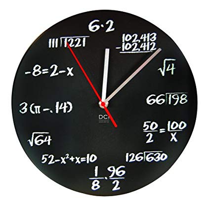 DCI Matte Black Powder Coated Metal Mathematics Blackboard Pop Quiz Clock, 11-1/2" Diameter
