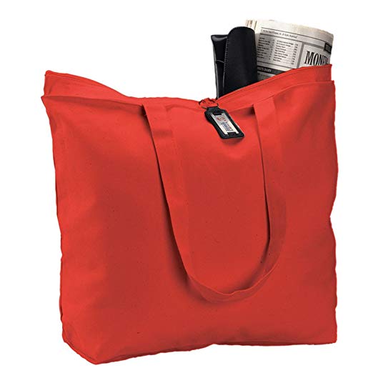 Heavy Canvas Large Tote Bag with Zippered Closure (Red)