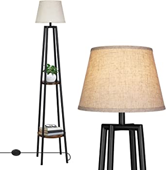 DEWENWILS 65" Farmhouse Floor Lamp with Shelves, Wood Shelf Standing Reading Lamp with Beige Linen Lamp Shade, Narrow Nightstand with Light for Living Room, Bedroom, Office