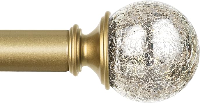 KAMANINA 1 Inch Curtain Rod Single Window Rod 72-144 Inches (6-12 Feet), Warm Gold Drapery Rods for Windows 69 to 140 Inches, Crackle Glass Finials