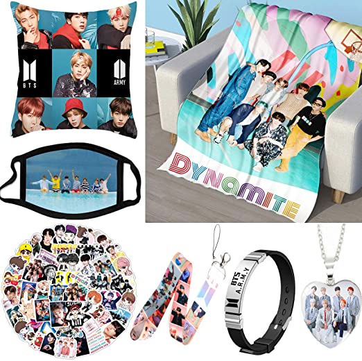 BTS Flannel Blanket Gift Set, Including Flannel Blanket 40 x 60 inch, 50 Sheet Stickers, Pillowcase 18 x 18 inch, Face Cover, Bracelet, Lanyard and Necklace, Best Gifts Set for Fans