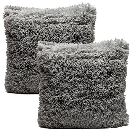 Chanasya Super Soft Long Shaggy Chic Fuzzy Faux Fur Warm Elegent Cozy Gray Throw Pillow Cover Pillow Sham- Solid Silver Gray Fur Throw Pillowcase 18x18 Inches 2-Pack(Pillow Insert Not Included)