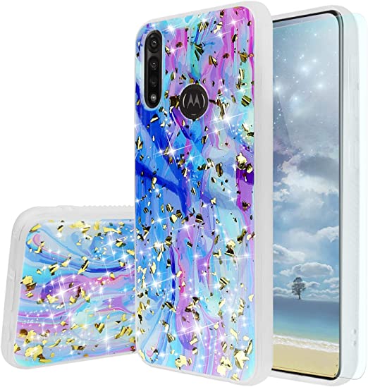 TJS Phone Case Compatible with Motorola Moto G Power (2020), with [Tempered Glass Screen Protector] Shiny Flake Glitter Back Skin Full Body Soft TPU Rubber Bumper Drop Protector Cover (Colorful)