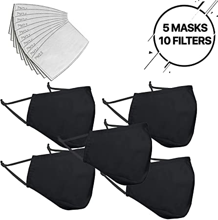Tanness Unisex Black Face Mask Cover with PM2.5 Filters Cotton Sheet Washable Reusable Face Mouth Cover with Adjustable Straps (5 MASKS & 10 FILTERS)