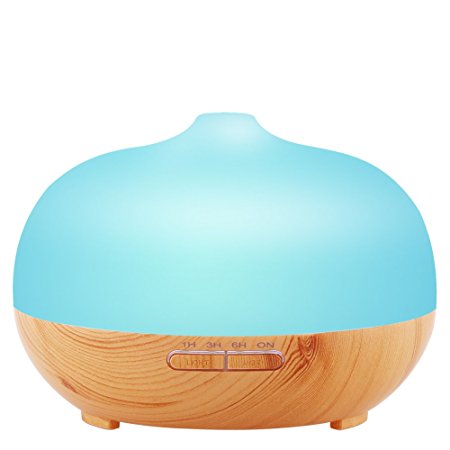 URPOWER Wood Grain Cool Mist Humidifier Frosted Glass Ultrasonic Aromatherapy Essential Oil Diffuser with 7 Color Lights (300 ml)