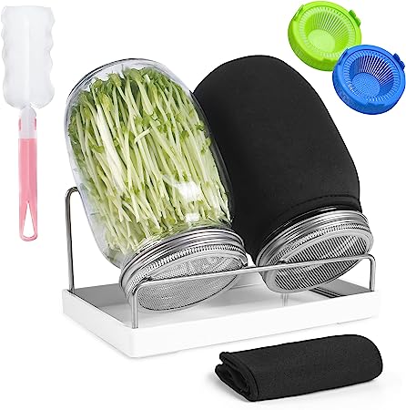 Cekaso Sprouting Kit Sprout Jars: Seeds Microgreens Growing Kit - Wide Mouth Mason Jars Mesh Screen Lids & Tray Stand - Indoor Plant Germination Sprouter for Organic Alfalfa Broccoli Mung Beans