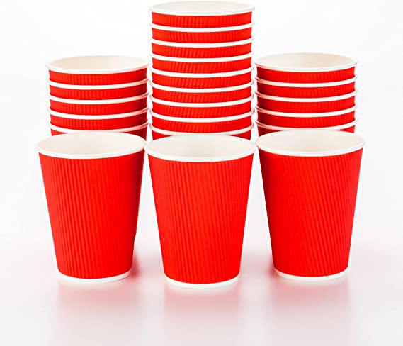 12 Ounce Paper Coffee Cups, 25 Ripple Disposable Paper Cups - Leakproof, Recyclable, Red Paper Hot Cups, Insulated, Matching Lids Sold Separately - Restaurantware