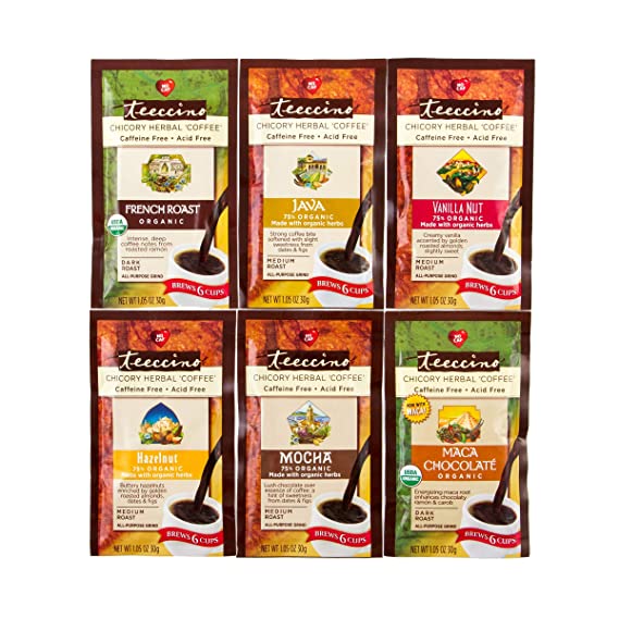 Teeccino Herbal Coffee Sampler - 6 x 30g Trial Size Chicory Coffee Alternatives - French Roast, Vanilla Nut, Hazelnut, Mocha, Maca Chocolate, Java – Prebiotic, Caffeine Free, Acid Free, Ground