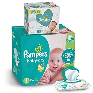 Pampers Diapers Newborn / Size 1 (8-14 lb) - Baby Dry Disposable Baby Diapers, 252 Count ONE MONTH SUPPLY with Baby Wipes Sensitive 6X Pop-Top Packs, 336 Count