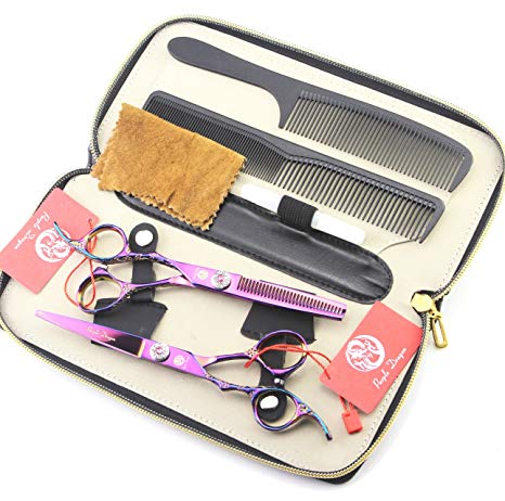 Left Hand Using Professional Barber Hair Cutting Scissors Flower Carving Salon Hair Thinning Kit with Leather Case(Purple)