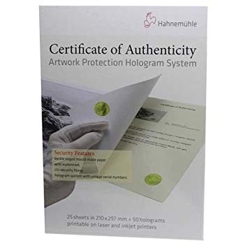 Hahnemuhle Certificate Of Authenticity, A4 Size, with Serialized Numerical Hologram System, 25 Pack