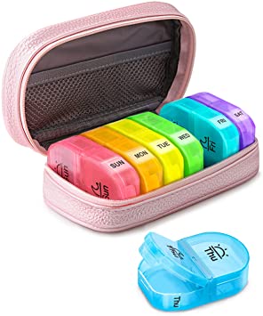 Pink PU Leather Pill Organizer Bag for Women, LALAGO Portable Weekly Pill Box Case 2 Times a Day with Lightproof Storage Bag to Hold Vitamins/Medications/Fish Oils/Supplements