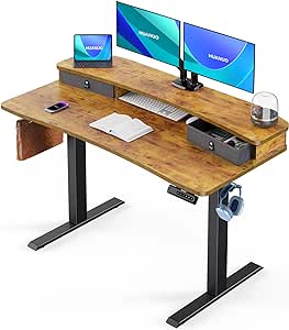 HUANUO 48″ x 24″ Electric Standing Desk with 2 Drawers, C-Clamp Mount Compatible, Height Adjustable Computer Desk, Home Office Stand Up Desk with 4 Preset Heights & 2 Hooks, Vintage Brown