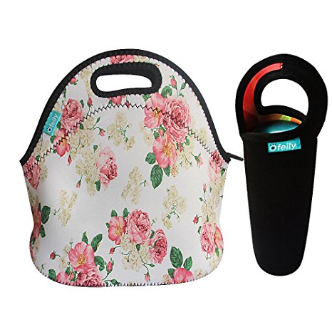 Bundle of Lunch Tote and Water Bottle Sleeve, OFEILY Insulated Neoprene Lunch Tote/Lunch box/Lunch bag with Black Wine tote/Beer/Water Drinks Bottles/Cans Carrying Bag (Flower in white)