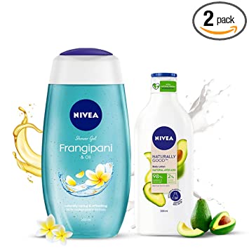 NIVEA Frangipani and Oil Shower Gel, 250ml and NIVEA Naturally Good, Natural Avocado Body Lotion, 200 ml