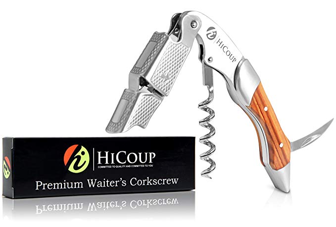 Waiters Corkscrew by HiCoup - Professional Stainless Steel with Mahogany Wood Inlay All-in-one Corkscrew, Bottle Opener and Foil Cutter, The Favoured Wine Opener of Sommeliers, Waiters and Bartenders