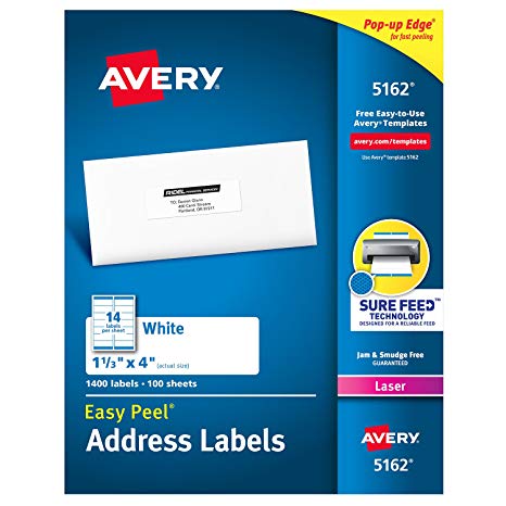 Avery Address Labels with Sure Feed for Laser Printers, 1-1/3" x 4", 1,400 Labels, Permanent Adhesive (5162)