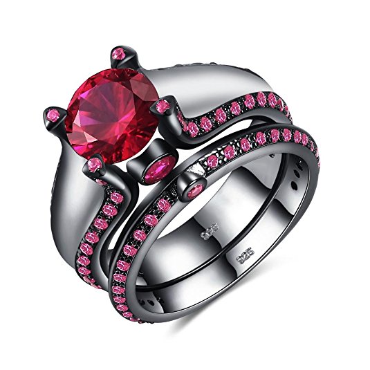 Castillna Black Sterling Silver Created Ruby Engagement Wedding Bridal Rings Set