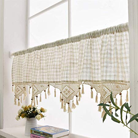 Linen Cafe Curtain, European Rural Style Handmade Natural Cotton Crochet Plaid Kitchen Curtain Valances 18" x 70", Off-White