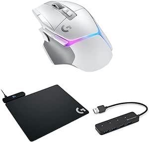 Logitech G502 X Plus Wireless Gaming Mouse (White) Bundle with PowerPlay Wireless Charging System and 4-Port USB 3.0 Hub (3 Items)