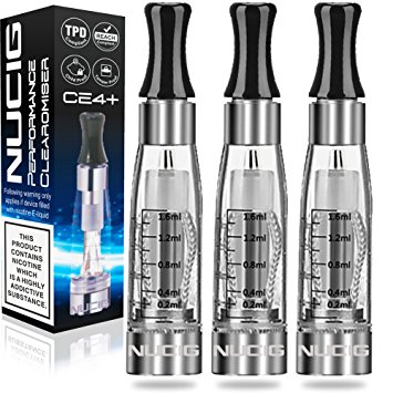 NUCIG 3 X CLEAR New & Improved Clearomiser (clearomizer) Atomiser fits all ego/CE4/CE5/CE6 battery for eshisha ehookah eliquid | Nicotine Free | Tobacco Free