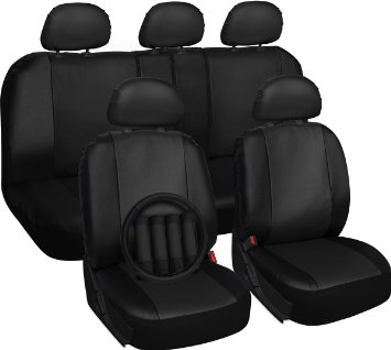 Oxgord 17pc Set Faux Leather Black Auto Seat Covers Set - Airbag Compatible - 5050 or 6040 Rear Split Bench - 5 Head Rests - Universal Fit for Car Truck Suv or Van - FREE Steering Wheel Cover