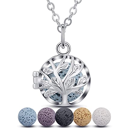 INFUSEU Family Tree of Life Essential Oil Diffuser Necklace Aroma Therapy Jewelry Set for Women Girl, 5 Lava Rock Stones, 24" Chain