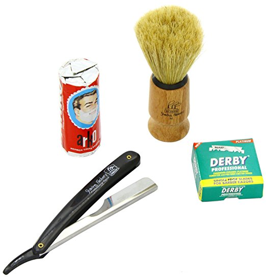 SF228 Shaving Factory Straight Razor (Black), Shaving Factory Hand Made Shaving Brush, 100 Derby Professional Single Edge Razor Blades and Arko Shaving Soap Stick