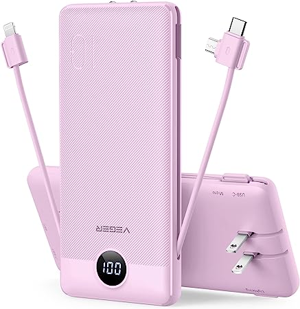 VEGER Portable Charger for iPhone Built in Cables Fast Charging USB C Slim 10000 Power Bank, Wall Plug USB Battery Pack for iPhones, iPad, Samsung More Phones Tablets (Purple)